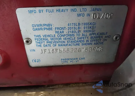 2002 Subaru Forester S z USA, uszkodzony, nr VIN JF1SF65532G753908